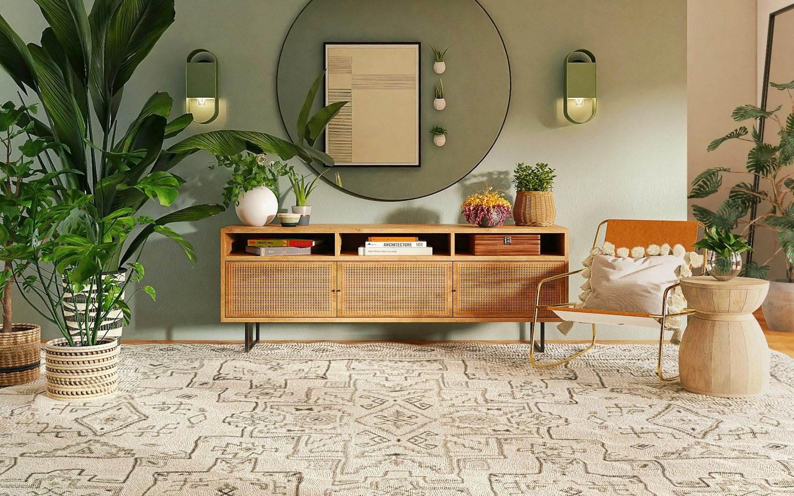 A walnut sideboard with a round mirror above it